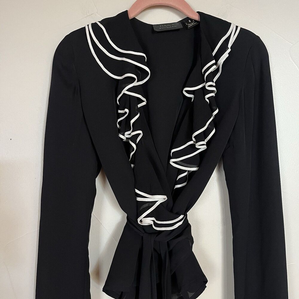 Dana Buchman Black Tuxedo Ruffle Front Wrap Silk Top Size 6 Long Sleeve